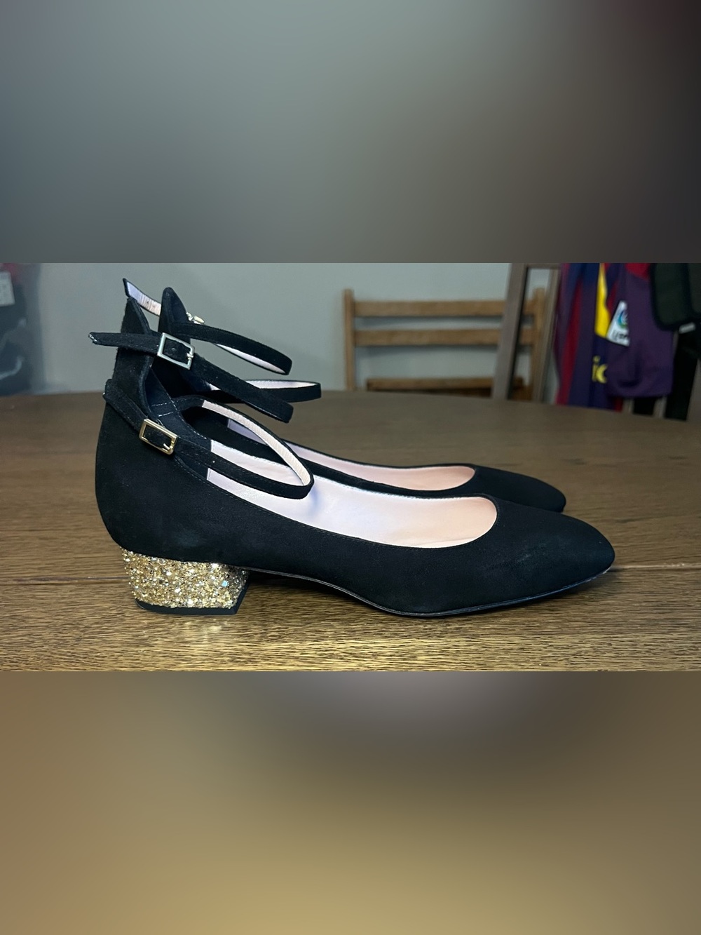 Kate Spade Marcellina Black Suede Glitter Block Heel Ankle Strap Pumps 8M